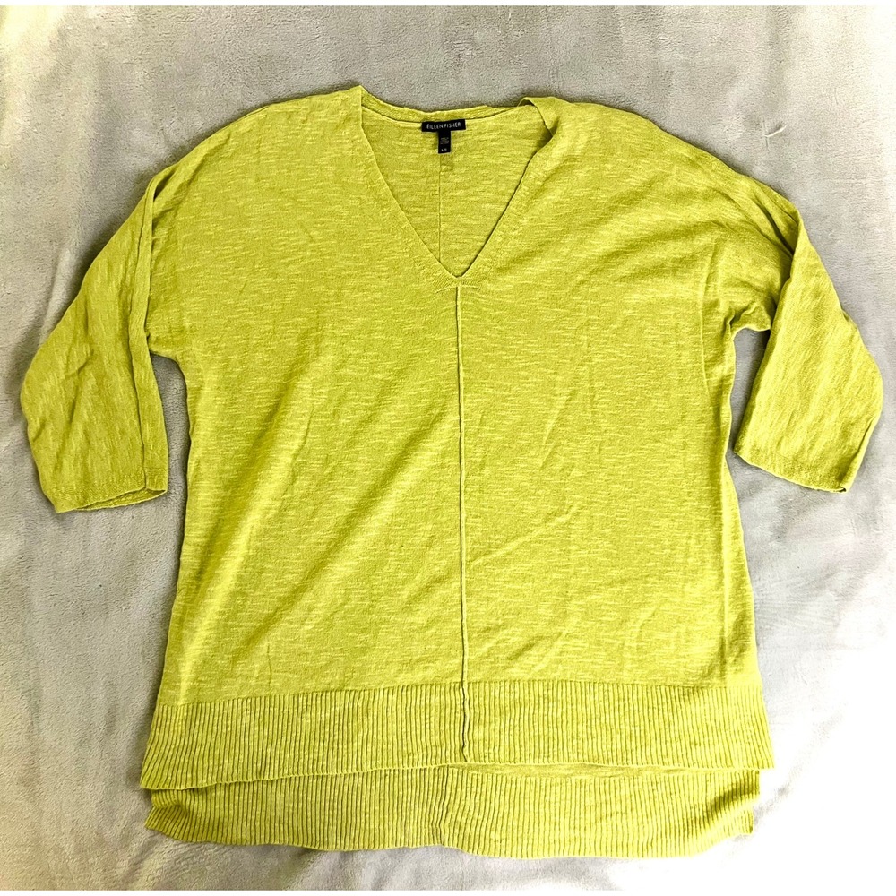 Eileen Fisher L Organic Linen Blend V-Neck Lime Slub Knit Minimalist Sustainable